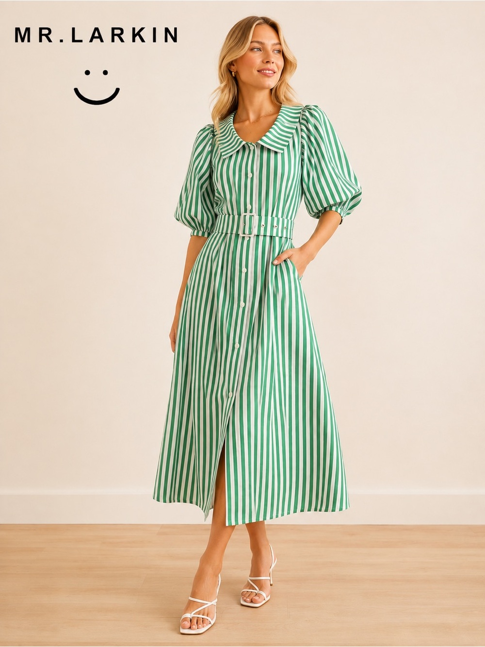 💚 MR. LARKIN Green & White Striped Belted Midi Dress